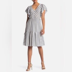 CASLON Ivory Navy Metallic Stripe Flounce Hem Woven Boho Dress S = 4/6 Nordstrom